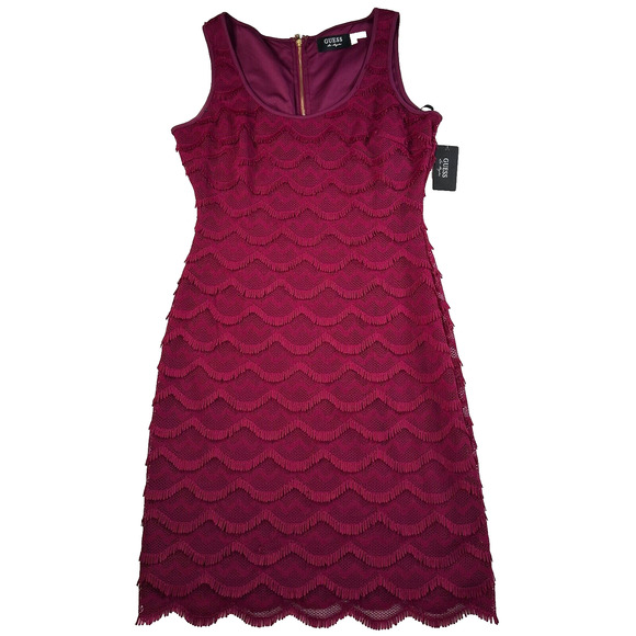 GUESS Sheath Dress Wine Scalloped Women's Size 4Fringe Sleeveless Short New - Picture 1 of 12